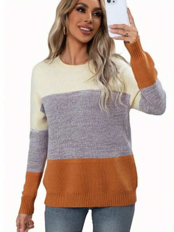 Maglione oversize a blocchi di colore per donna, maglie a maniche lunghe con girocollo, pullover in maglia morbida ed elastica, casual per autunno e inverno