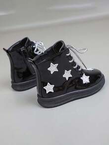 1 Pair Girls' New Five-Pointed Star Decor Flat Bottom Boots, Shock Absorption Anti- Infant Boots, Fashion Versatile Side Zipper Children Outdoor Ankle Boots, Suitable For Autumn/Winter - Black - View 7