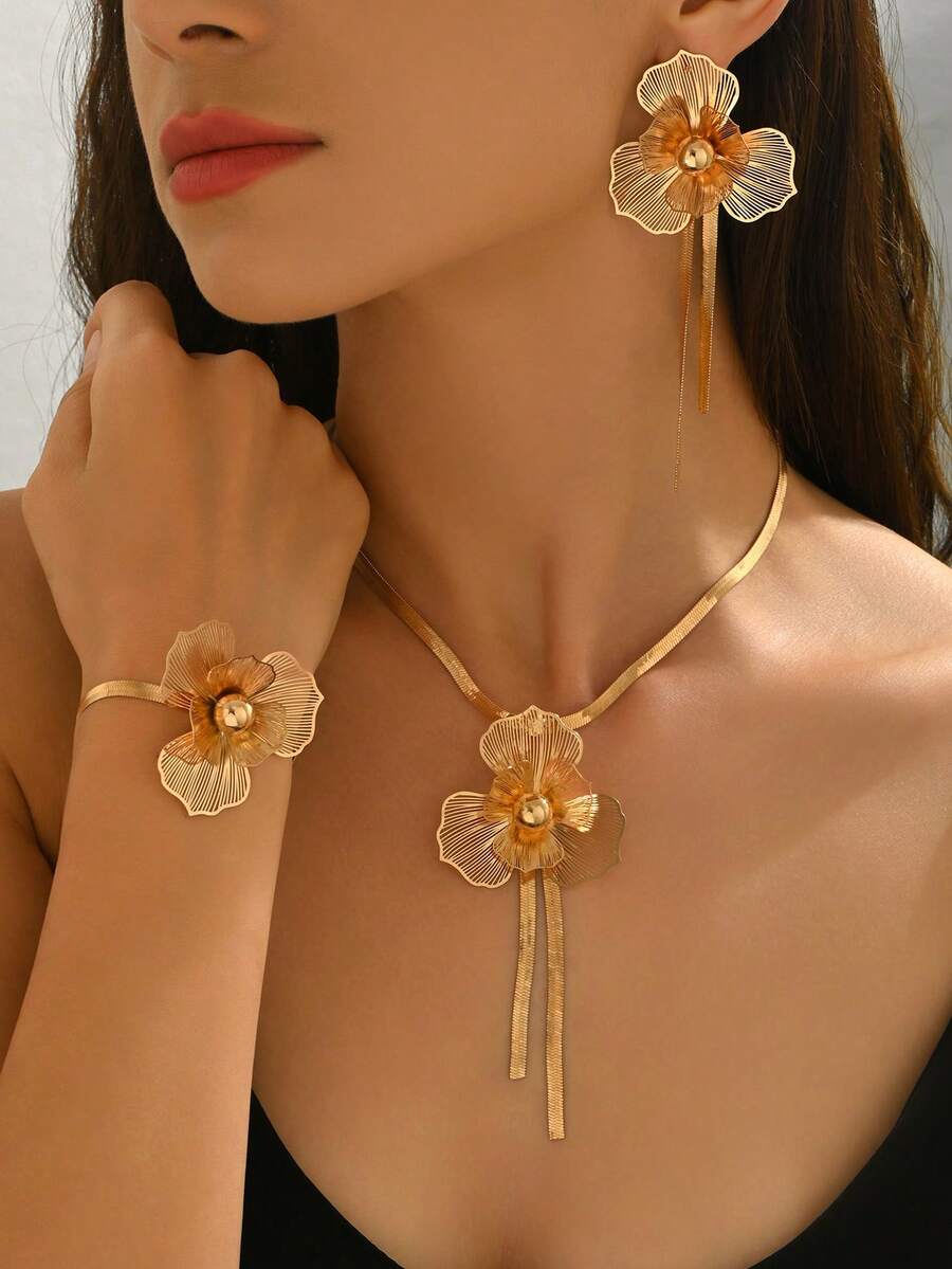 4件套优雅项链+耳环+手链首饰套装，时尚欧美夸张金属风格，创意几何镂空花朵、扁平蛇链、Y型流苏长项链，适合日常佩戴、宴会、庆典，百搭奢华礼品