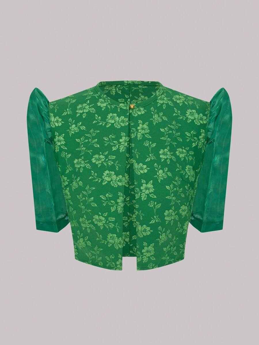 Blusa de mujer con estampado floral retro y romántico de manga abullonada - Verde - Ver 1