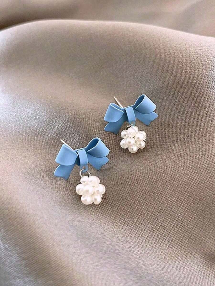 MESTILO 1 Pair Elegant Metal Oil Drip Blue Bowknot & Faux Pearl Earrings For Women – Stylish Daily Wear Jewelry, Perfect Gift For Valentines, Mom, Mother's Day & Special Occasions - Màu xanh lam - Xem 1
