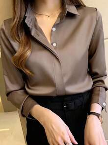 Women's Elegant Black Long Sleeve Blouse, Semi-Sheer Polyester, Button Details, Perfect For Spring/Summer/Autumn - Brown - View 5