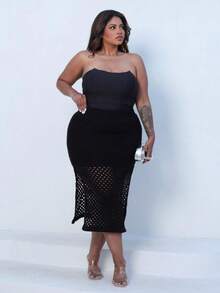 Plus Size Midi Skirt With Openwork Fabric In Modal Knit, Elegant, Casual - Black - View 8