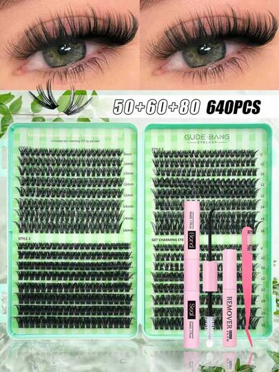 Eyelash Clusters 30D+40D+50D Kit Wispy Individual Lashes 640PCS D-Curly Lash Extension 8-18MM Natural Lashes Clusters With Glue, Tweezers, Remover, Lash Brush, Reusable DIY Eyelash Extensions For Beginners