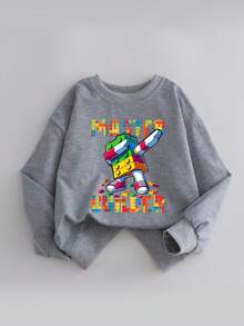 青少年男孩休闲简约酷炫积木机器人图案套头衫圆领长袖毛衣秋冬新款男童衣服儿童 - 灰色 - 查看 2