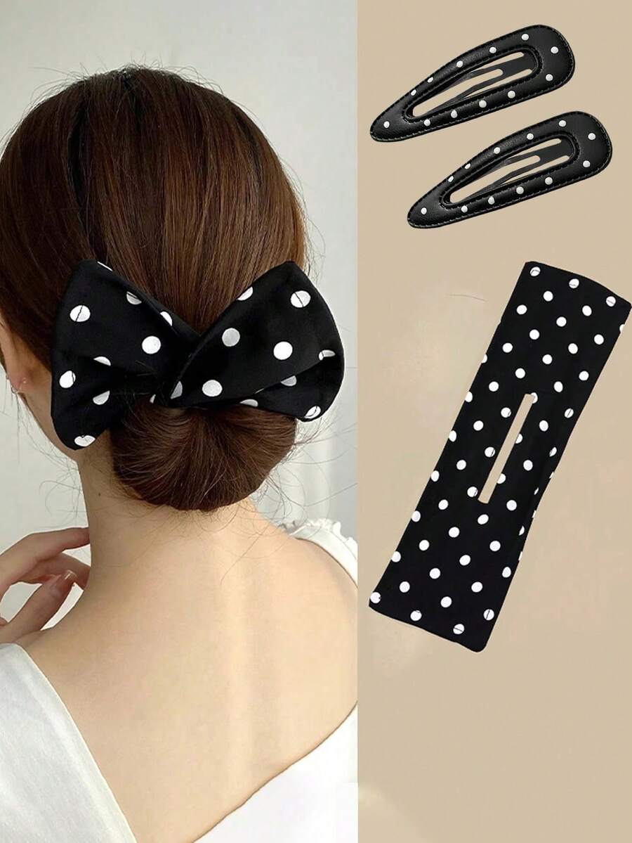 3pcs Set: 2pcs Polka Dot Hair Clips + 1pc Polka Dot Hair Bun Maker, Slouchy Magic Twist Bun Maker, Bow Twist Spin Hair Bun Maker, Hair Accessories, Chic Black & White Polka Dot Hair Clips, Side Bangs Clips, BB Clips, Simple & Versatile Hair Accessories, Suitable For Summer ,Hair Styling Kit ,Hair Tool Kit