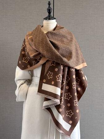 1 pieza Elegante bufanda de cachemira sintética con diseño de jacquard de trébol, cálida y versátil para usar como chal en habitaciones con aire acondicionado, para otoño/invierno con vestidos