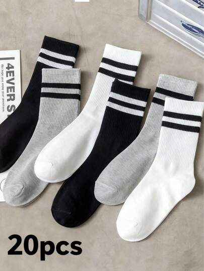 6pairs/Set Men's Autumn Double Stripes Black, White, Gray Casual Sports Socks