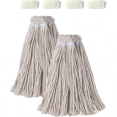 String Mop Heads With 4 Scouring Pads, Non - Reusable Mop Replace Heads Floor Cleaning, No - Scratch Washable Cotton Mop Refills Multi - Surface, 2 Pack