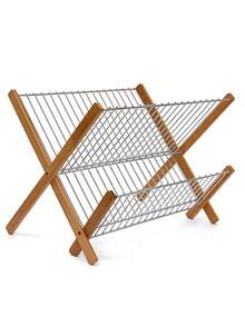 Rejilla de bambú de 2 niveles con forma de X, multifuncional, plegable, ahorra espacio, de acero inoxidable, de gran capacidad, para cocina, cuencos, platos, soporte, natural