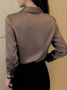 Women's Elegant Black Long Sleeve Blouse, Semi-Sheer Polyester, Button Details, Perfect For Spring/Summer/Autumn - Brown - View 3