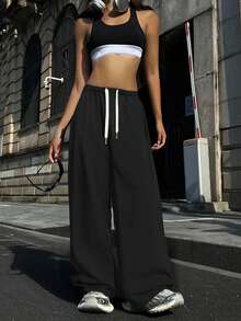 Women's Straight Leg Casual Sweatpants, Fashionable Minimalist Elastic Waist With Side Pockets Sports - Black - View 3