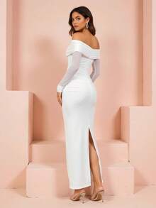 女士优雅弹力网眼褶皱露肩修身开衩长款派对连衣裙，适合日常和特殊场合 - 白色 - 查看 8