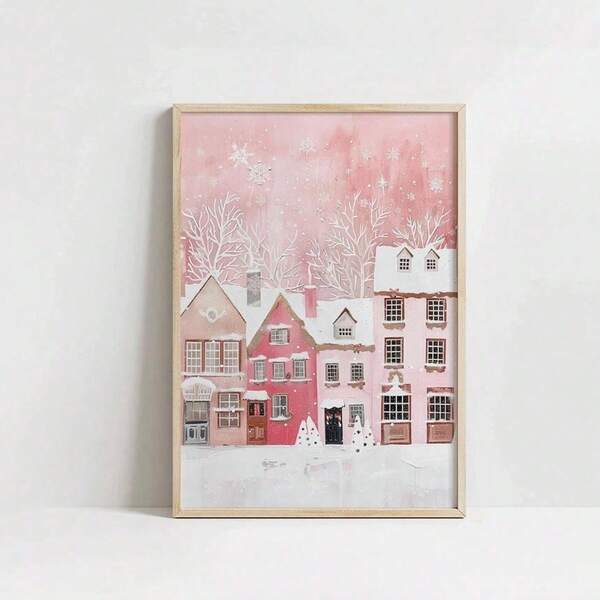 1 pièce Œuvre murale de Noël vintage charmante aux tons roses, chaumière d'hiver rose avec motif de flocons de neige, convient pour la décoration intérieure du salon et de la chambre, décoration de dortoir, affiche sur canevas sans cadre, peut être accroché librement, cadeau de Noël idéal pour les femmes