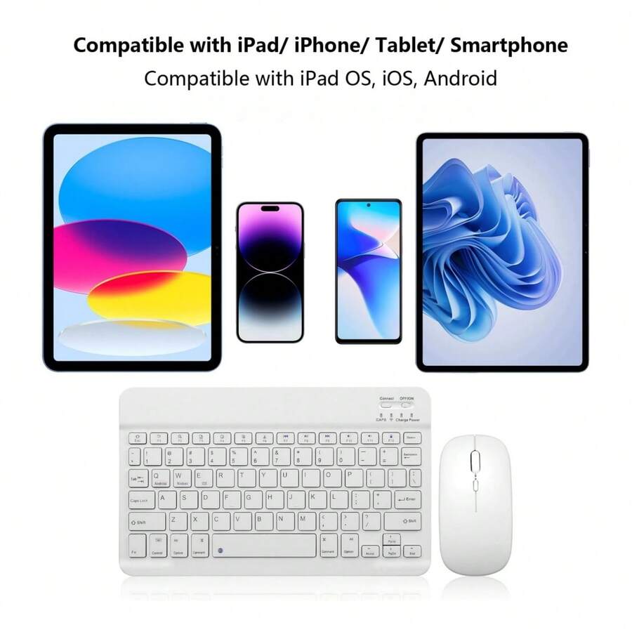 Tablet Wireless Keyboard And Mouse Combo, Compatible With Mainstream Tablets Such As IPad, Android, And Microsoft Devices. Also Works With Smartphones And Laptops. The 10-Inch Keyboard Is Lightweight, Ultra-Thin, And Portable. The Mouse Features Dual-Mode Connectivity (2.4G BT Receiver And Wireless Mode), With 3-Level DPI Adjustment. Includes A High-Capacity Rechargeable Battery. And Supports Fast Pairing. - 白色 - 查看 1