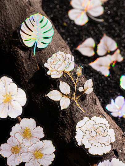 have a good day 10pcs/Pack Floral Theme Foil Stickers For Scrapbooking, Creative Aesthetic Sticker Decals, DIY Decorative Craft Materials, Holiday Gifts, Personalized Scrapbook School Supplies