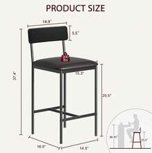 Set de 2 Bancos Altos Negros para Barra de Cocina, Sillas Tapizadas con Respaldo y Reposapiés de 65 cm, Taburetes de Altura para Isla y Barra, Montaje Fácil – Counter Chair - Negro - Ver 6
