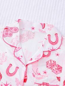 2 piezas Conjunto de pijama para mujer, estilo de mezclilla con estampado de estrellas, top de manga corta con cuello y shorts casuales, adecuado para el hogar, vacaciones, primavera/verano - Rosa - Ver 3