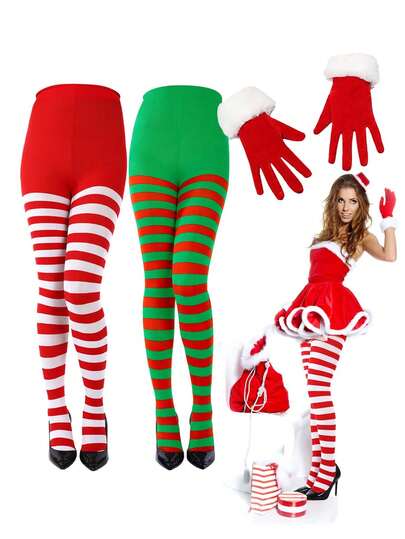 1Pair Christmas Striped Tights For Women Striped Stockings Full Length Thigh High Pantyhose Xmas Costume,Christmas Women's Costume Accessories,Plus Size Christmas Striped Tights For Women Holiday Party Costume Adult Footed Leggings Red White Green, Gloves, White Fur Warm Gloves
