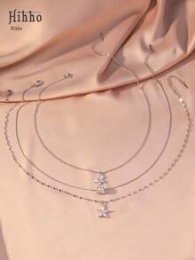 Hihho 3pcs/Set Fashionable Minimalist Flower, Butterfly, Waist Decor Multi-Layer Necklace Set, Suitable For Dates, Parties, Vacations, Daily Wear, Holiday Gifts, Christmas Presents - Silver - View 3
