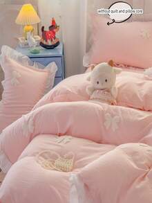 彩色蝴蝶结刺绣荷叶边被套套装，白色三件套，包含1个被套和2个枕套，超柔软透气时尚床上用品 - 粉色 - 查看 5