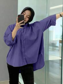 Women's Modest Long Sleeve Button Front Shirt With Pockets Regular Fit Woven Fabric Top - Purple - View 5