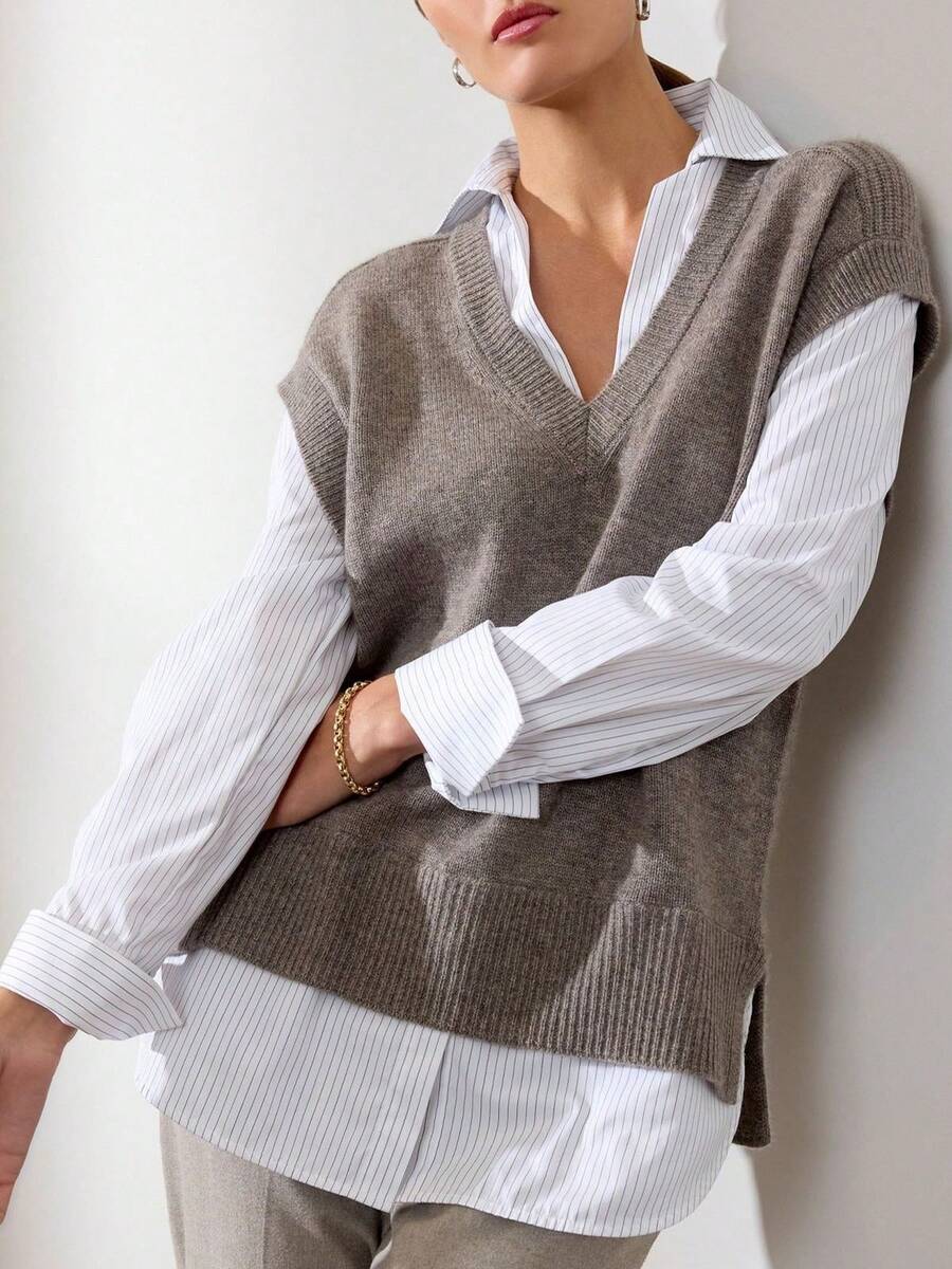 Autumn/Winter Minimalist V-Neck Knit Vest For Women, Loose Fit, Versatile Layering Piece, Suitable For Christmas, New Year, Birthday, Wedding, Party, Daily Wear