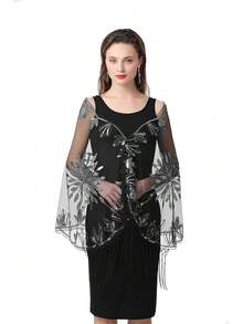 Metme Women's 1920s Scarf Wraps Sequin Deco Fringed Wedding Cape Evening Shawl Vintage Promhalloween - 3-đen - Xem 1