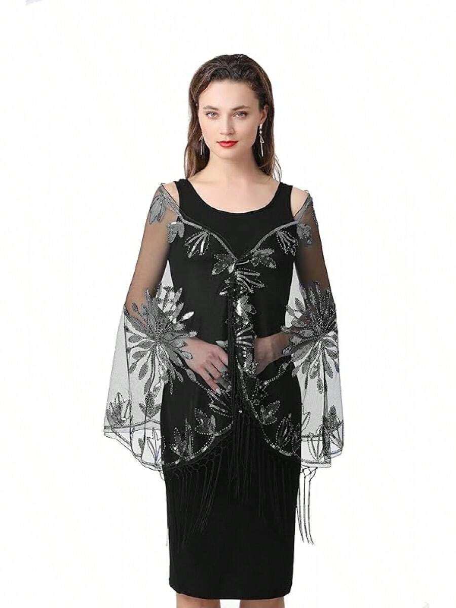 Metme Women's 1920s Scarf Wraps Sequin Deco Fringed Wedding Cape Evening Shawl Vintage Promhalloween - 3-đen - Xem 1