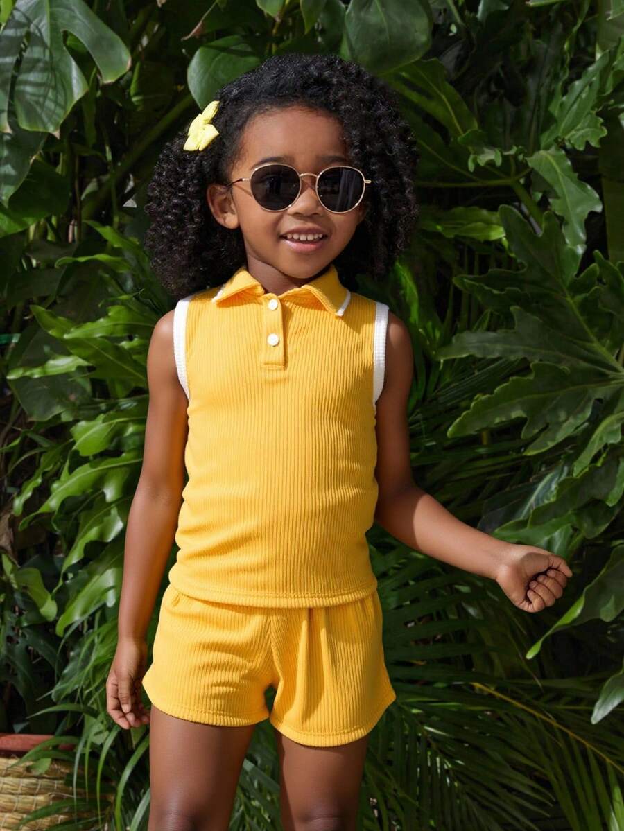 Conjunto Infantil de DoS Pieza para Niña – Polo sin Mangas y Short en Colores Vibrantes - Amarillo - Ver 1