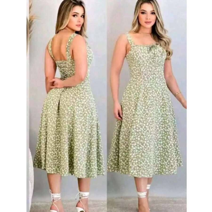 HIGH QUALITY ROMANTIC FLORAL MIDI DRESS - 綠色 - 查看 1