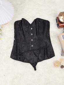 Apperloth A Black Corset Tops Sexy Overbust Longline Tube Top Jacquard Print Hook Front Lace Up Back Backless Boned Lingerie For Women Waist Training Shapewear With Thong Halloween Costumes Rave Partywear Going Out Clothes