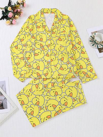Marira Curve 2pcs/Set Women Plus Size Sleepwear Set With Cute Duck Print, Featuring Long Sleeve Shirt With Collar & Button, And Soft Elastic Waist Pants, Stylish Everyday Outfit, Pajamas For Holiday Party, Comfortable Loungewear, Winter Clothes