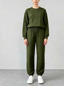 Diamond Pattern Knitted Top And Trousers Set Round Neck Sweatshirt + Cuffed Trousers Two-Piece Set - 軍綠色 - 查看 5