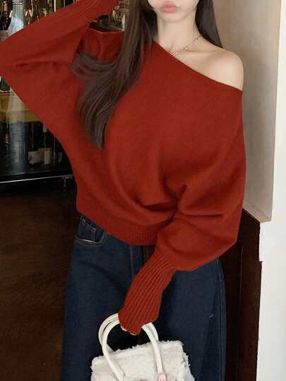 秋冬韩版优雅单肩灯笼袖针织毛衣上衣