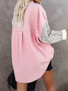 大码女式新款休闲百搭衬衫外套，长袖带口袋，性感可爱豹纹印花，宽松开襟，适合旅行、海滩、日常通勤、办公室、学校、派对、情人节、万圣节、圣诞节、情侣约会、朋友聚会、日常穿着，粉色系春季款 - 粉色 - 查看 3