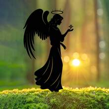 1 件花园守护天使 - 铸铁黑色乡村风格户外雕像，带花卉装饰，圣诞节、感恩节、复活节的精神节日装饰，花坛和庭院的耐候地面，送给她的贴心礼物，最佳圣诞装饰，完美的感恩节选择 - 黑色 - 查看 4