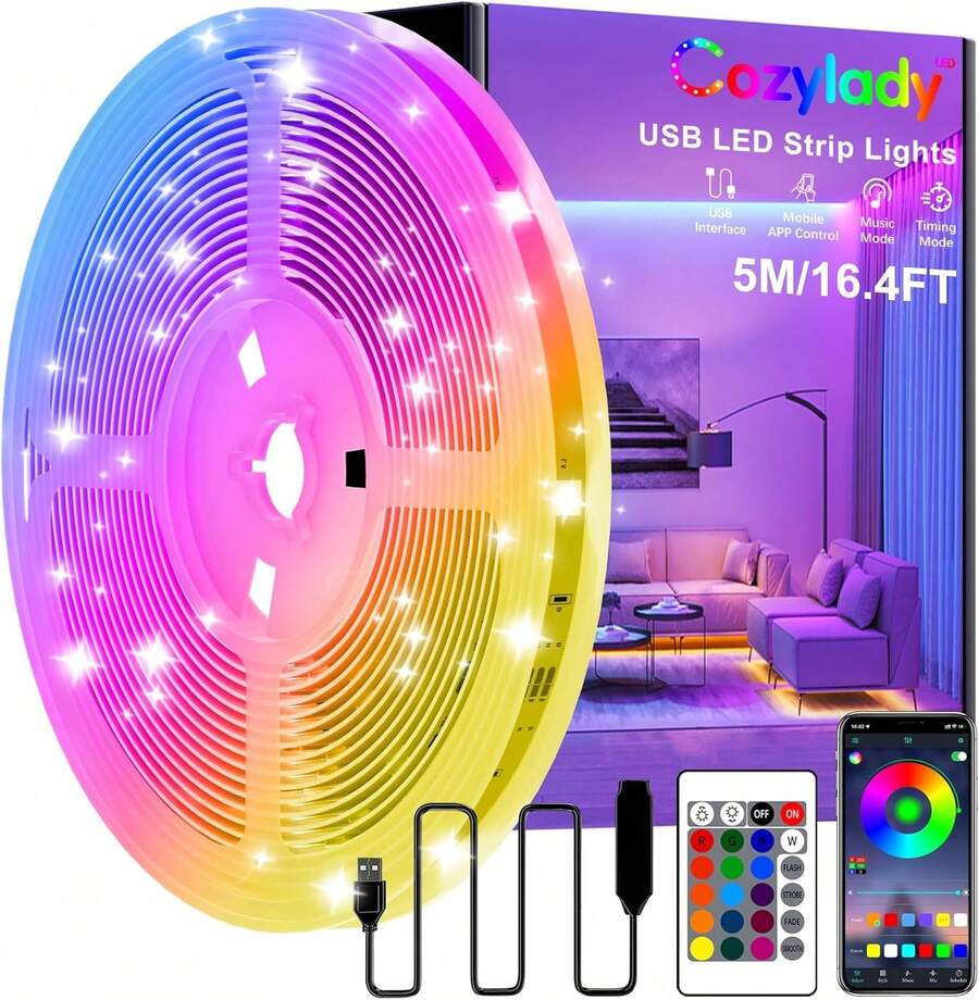 Luces LED Blutooth 5M USB, Cozylady Tiras LED RGB 5050 Inteligentes, Luz LED Sincronizar con Música, Control Remoto IR de 24 Teclas, Control App, para Cuarto, TV, Decoración de Interior - 5 m/16,4 pies (USB) - Ver 1