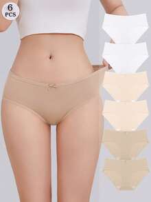 FINETOO 6条装纯色蝴蝶结装饰舒适透气女士内裤，女士基础款内衣 - 彩色 - 查看 2