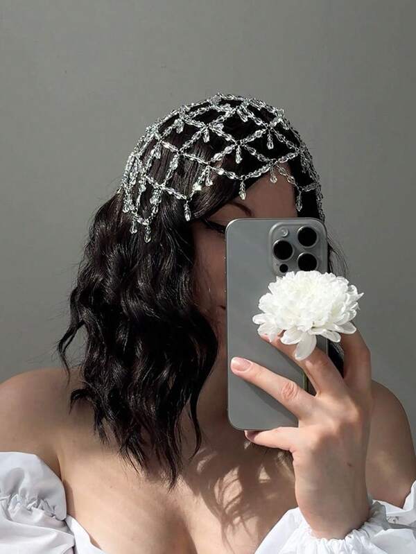 1pc Silver Mesh Hair Chain With Sparkling Crystal Water Drop Pendant Headpiece, Bridal Hair Accessory, Looks Of Party