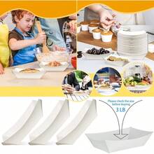 100 Pack 3lb Kraft Paper Food Trays Waterproof Heavy-Duty Paper Food Boats Disposable Serving Baskets Trays For Fries Sandwiches Burgers Hot Dogs Taco Popcorn Christmas Wedding White