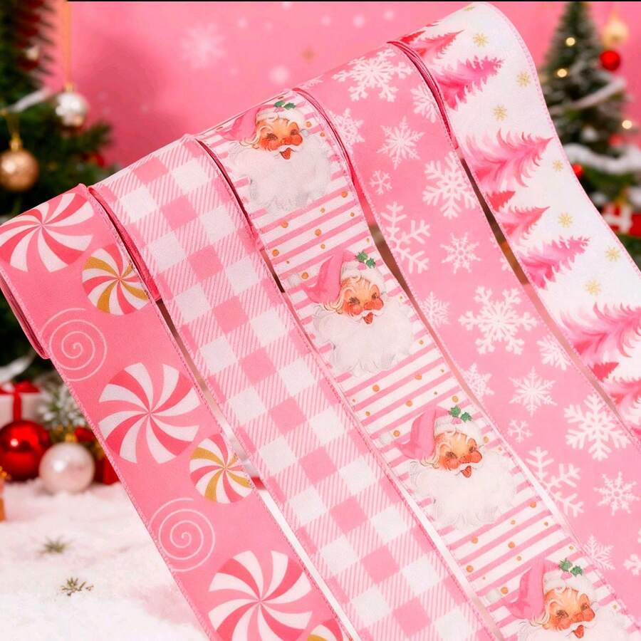 1 Roll Christmas Satin Ribbon (2.5 Inch*5 Yards), Variety Of Designs To Choose From - Polka Dot, Snowman, Snowflake, Santa, Tree, Craft Ribbon, Glitter Gold Wired Fabric Ribbon, For Christmas Crafts, Wedding Decorations, Bow Making, Party Decor - Multicolor - View 1