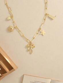 1pc Fashionable ZA Layered Necklace – Vintage Boho Beach Style With Starfish, Shell, Turtle & Multi-Pendant Design, Perfect Party And Holiday Gift, Versatile Accessory For Women's Casual And Vacation Outfits - Gold 2 - 查看 4