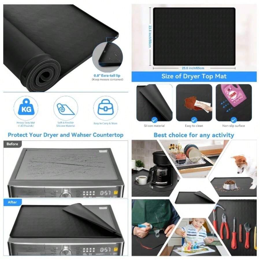 Fundas para lavadora y secadora para la parte superior, almohadilla de silicona de 25.6x 23.6 pulgadas, para mquina de lavandera y secadora, antideslizantes, resistentes al agua, protectores de - 1 pieza + Negro - - Ver 1
