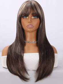 SMILCO 26Inch Straight Synthetic Wig With Brown Highlights & Bangs, Flattering & Easy Style, Perfect For Daily & Party, Limited Time Offer - 棕色挑染 - 查看 8