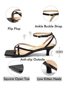 Womens Strappy Low Kitten Heels Sandals Open Square Toe Flip Flop Summer Dress Party Shoes - màu đen - Xem 4
