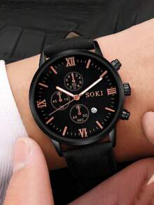1pc Men's Watch, Calendar Function, Fashionable Round Dial Quartz Watch, PU Strap, Suitable For Daily Wear, Birthday Gift, Party, Holiday Gathering, Ideal Gift For Yourself Or Friends. No Packaging Box Included. - Black - View 3