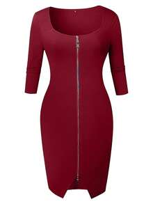 ChicMe Đầm nữ cổ vuông dáng ôm dài ngang gối, tay lửng, khóa kéo phía trước, xẻ tà, dáng ôm sát, thích hợp cho tiệc cocktail, hộp đêm, tiệc tối trang trọng, gợi cảm và thanh lịch mùa hè. - Đỏ - Xem 6