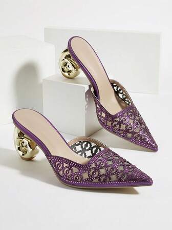 Dam nya unika glittrande bekväma mode lila asymmetriska klackade sandaler, lämpliga för alla hjärtans dag, Halloween, jul, examenssäsong, dejter, shopping, pendling, fester, banketter