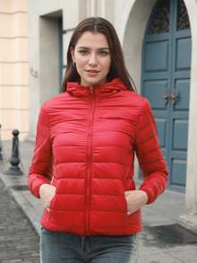 ZIAI Women Long Sleeve Hooded Down Coat Regular Length Warm Filled Jacket With Pockets And Zipper